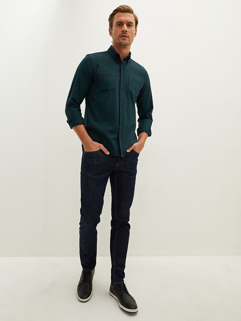 Regular Fit Long Sleeve Plaid Gabardine Men's Shirt-3
