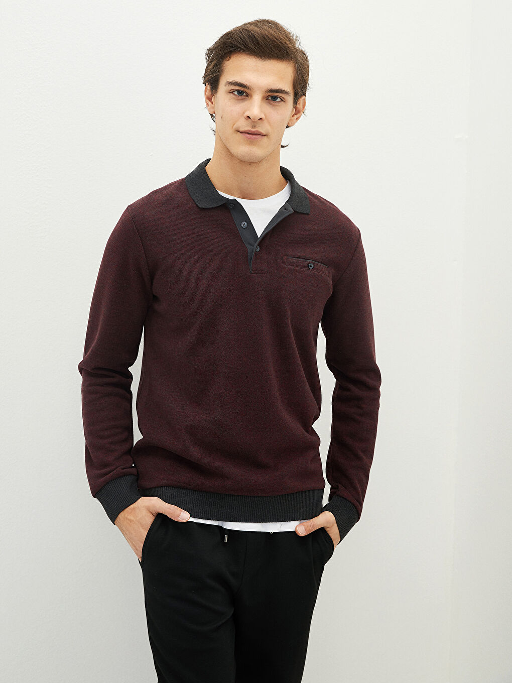 LCWAIKIKI Classic Bordo Polo Yaka Uzun Kollu Erkek Sweatshirt