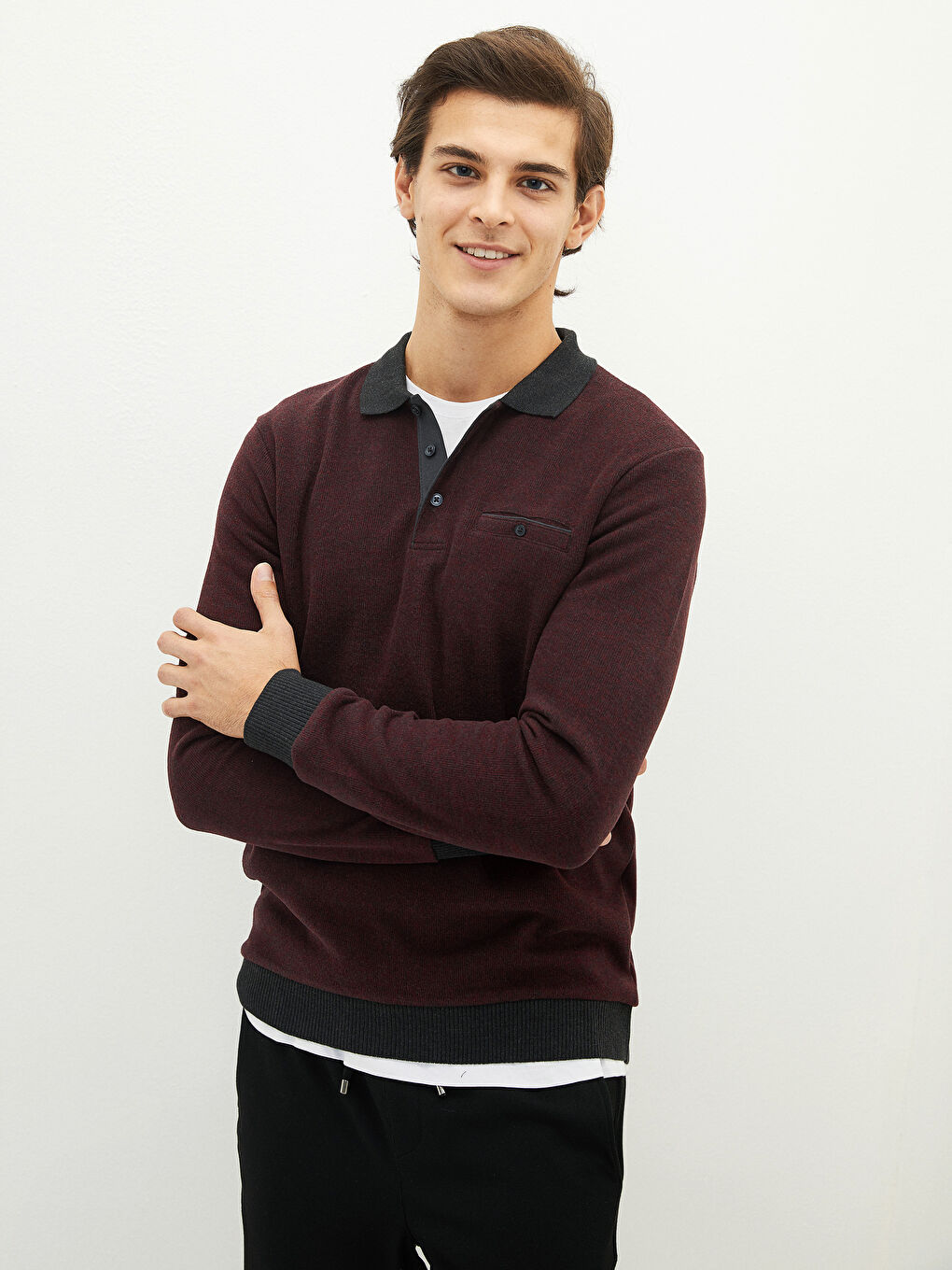 LCWAIKIKI Classic Bordo Polo Yaka Uzun Kollu Erkek Sweatshirt - 1