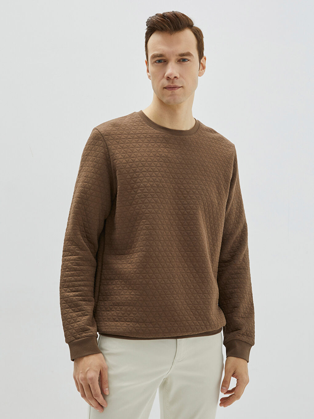 Kahverengi Bisiklet Yaka Uzun Kollu Erkek Sweatshirt-1