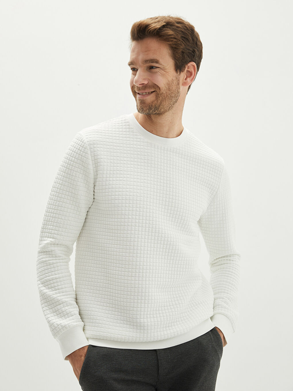 Ekru Bisiklet Yaka Uzun Kollu Erkek Sweatshirt-1