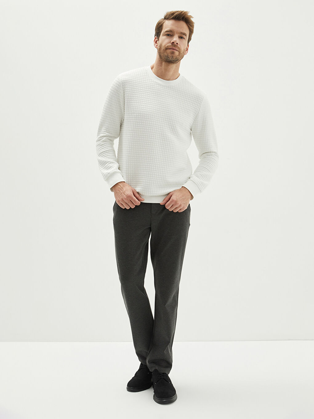 Ekru Bisiklet Yaka Uzun Kollu Erkek Sweatshirt-2