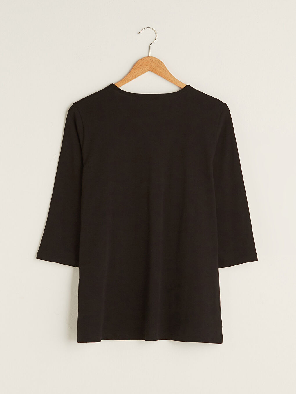 Siyah V Yaka Düz Uzun Kollu Kadın Tişört-6