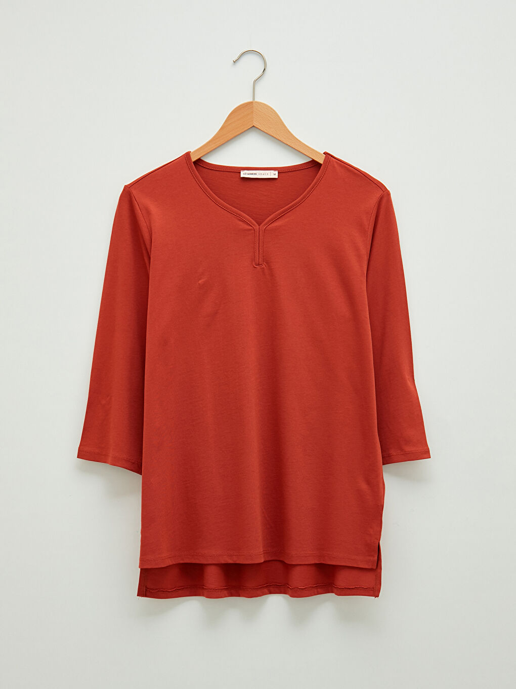 Kahverengi V Yaka Düz Uzun Kollu Kadın Tişört-4