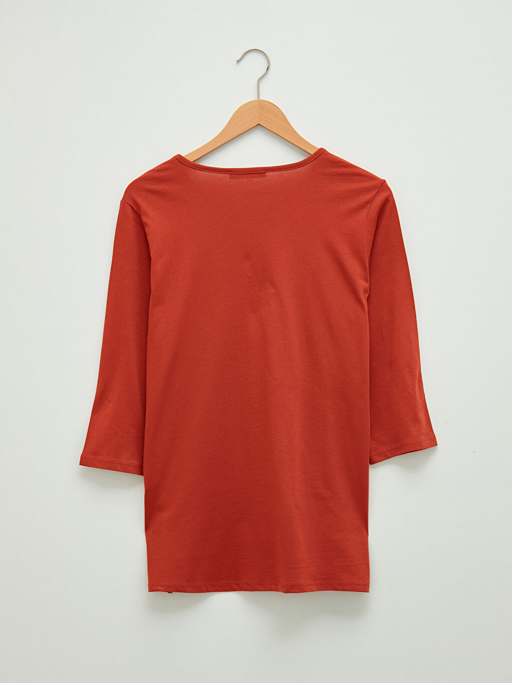 Kahverengi V Yaka Düz Uzun Kollu Kadın Tişört-5