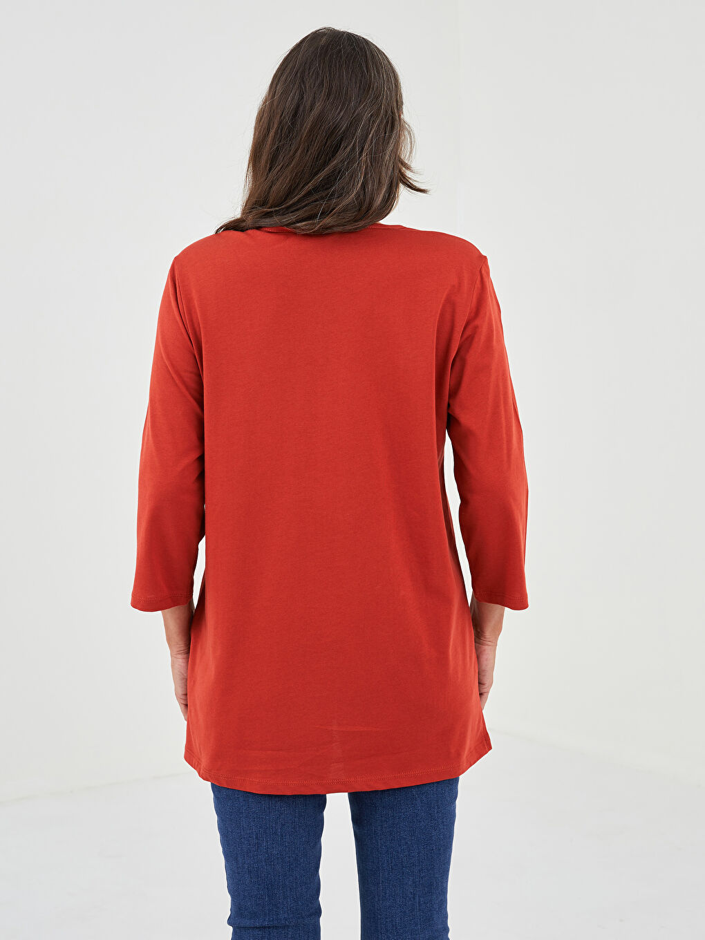 Kahverengi V Yaka Düz Uzun Kollu Kadın Tişört-3