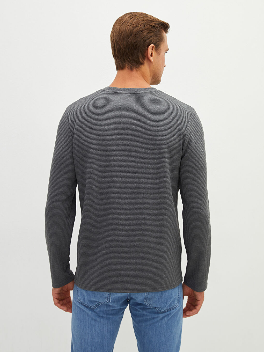 Gri Bisiklet Yaka Uzun Kollu Basic Erkek Tişört-3
