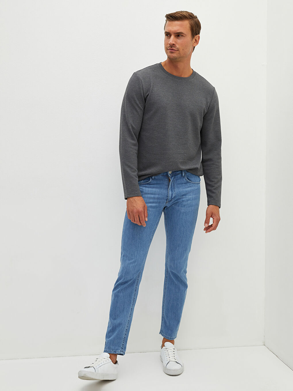 Gri Bisiklet Yaka Uzun Kollu Basic Erkek Tişört-4