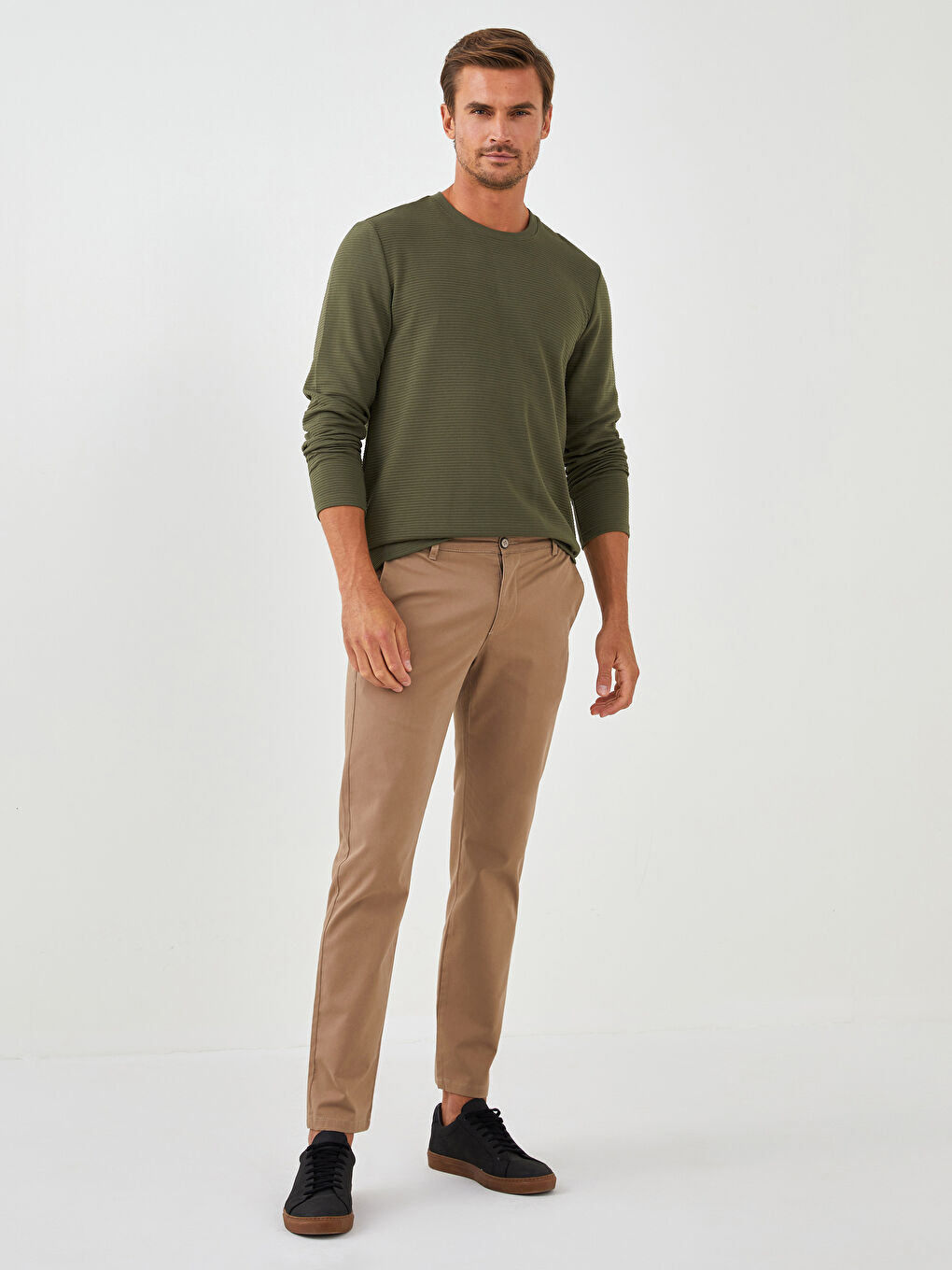 Haki Bisiklet Yaka Uzun Kollu Basic Erkek Tişört-2