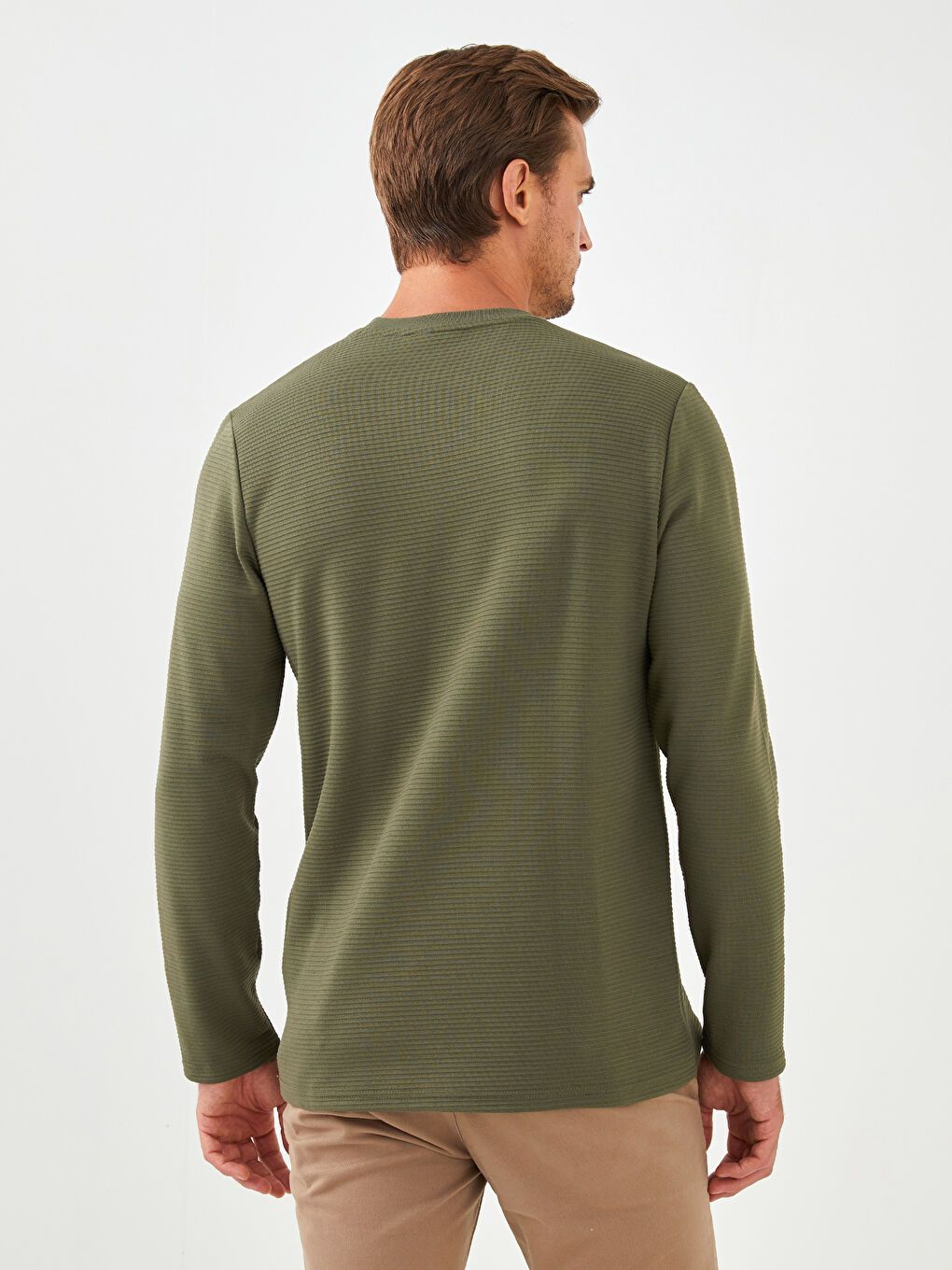 Haki Bisiklet Yaka Uzun Kollu Basic Erkek Tişört-3