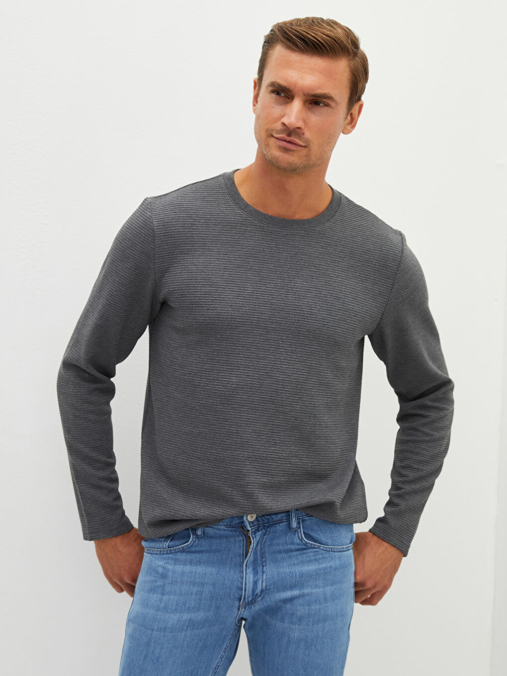 Gri Bisiklet Yaka Uzun Kollu Basic Erkek Tişört