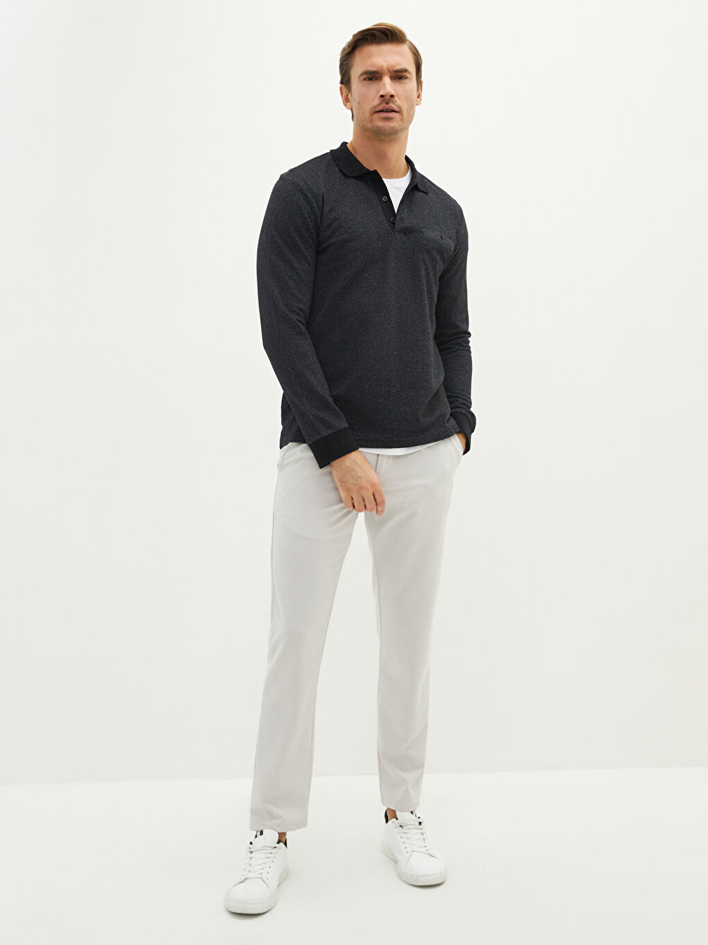 Siyah Polo Yaka Uzun Kollu Erkek Tişört-2