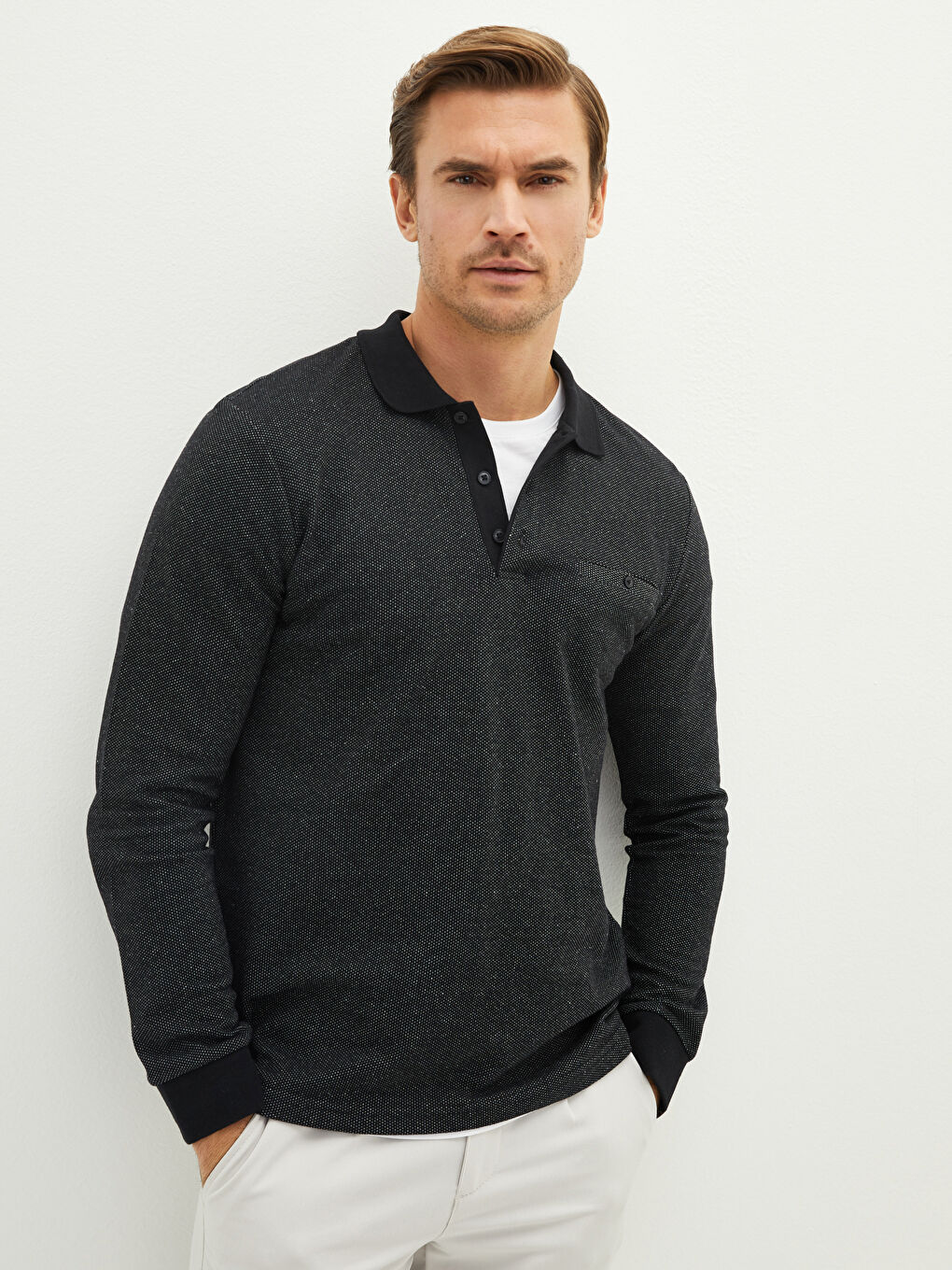 Siyah Polo Yaka Uzun Kollu Erkek Tişört