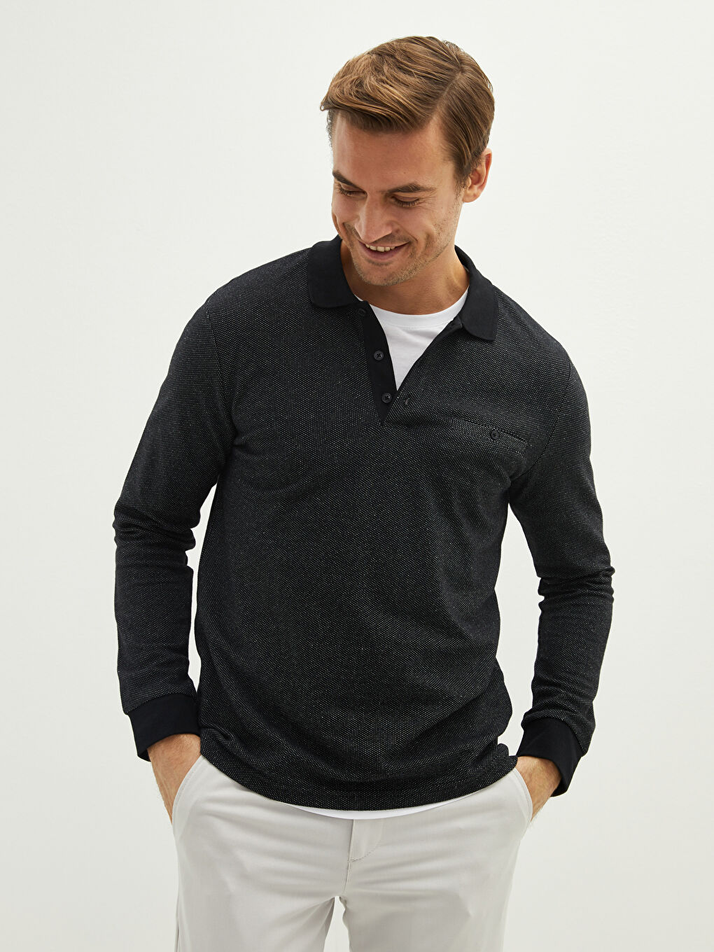 Siyah Polo Yaka Uzun Kollu Erkek Tişört-1