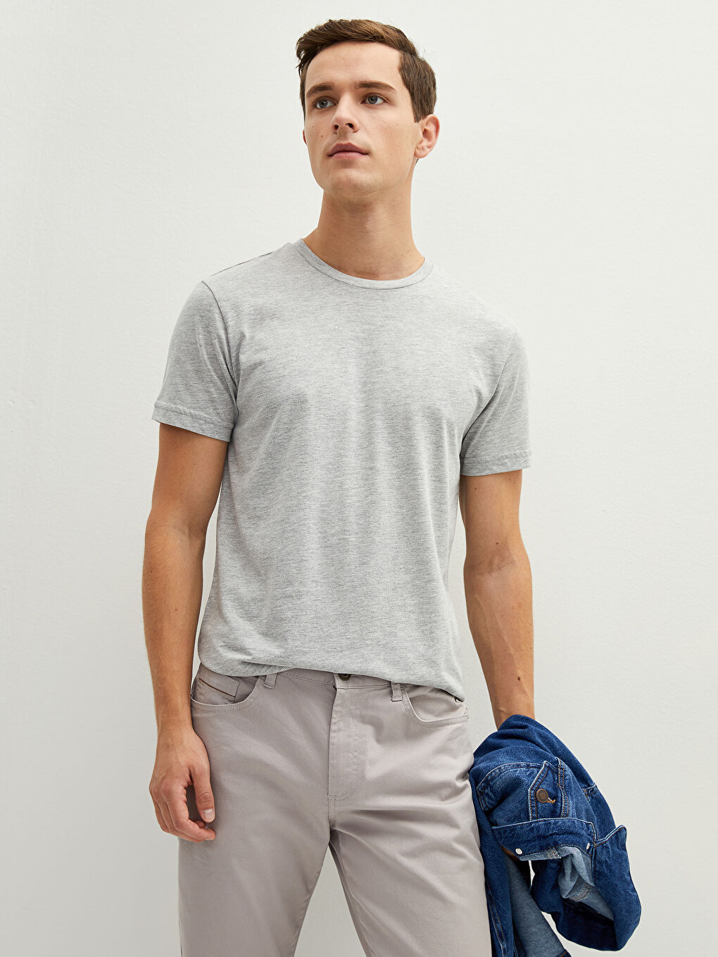 Gri Bisiklet Yaka Kısa Kollu Basic Penye Erkek Tişört