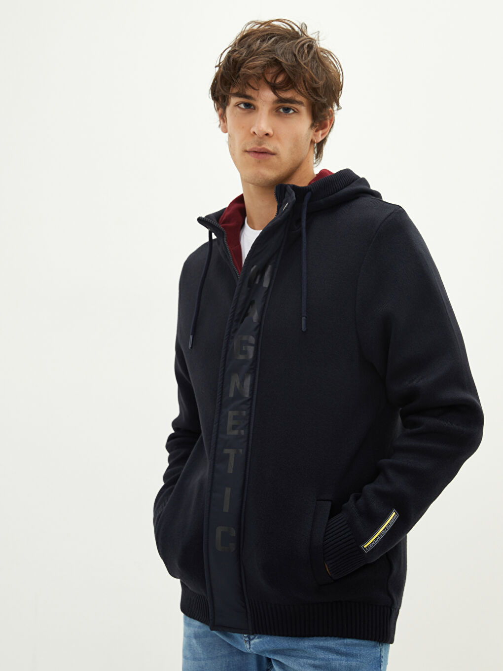 Lacivert Dar Kalıp Kapüşonlu Uzun Kollu Erkek Triko Hırka-1