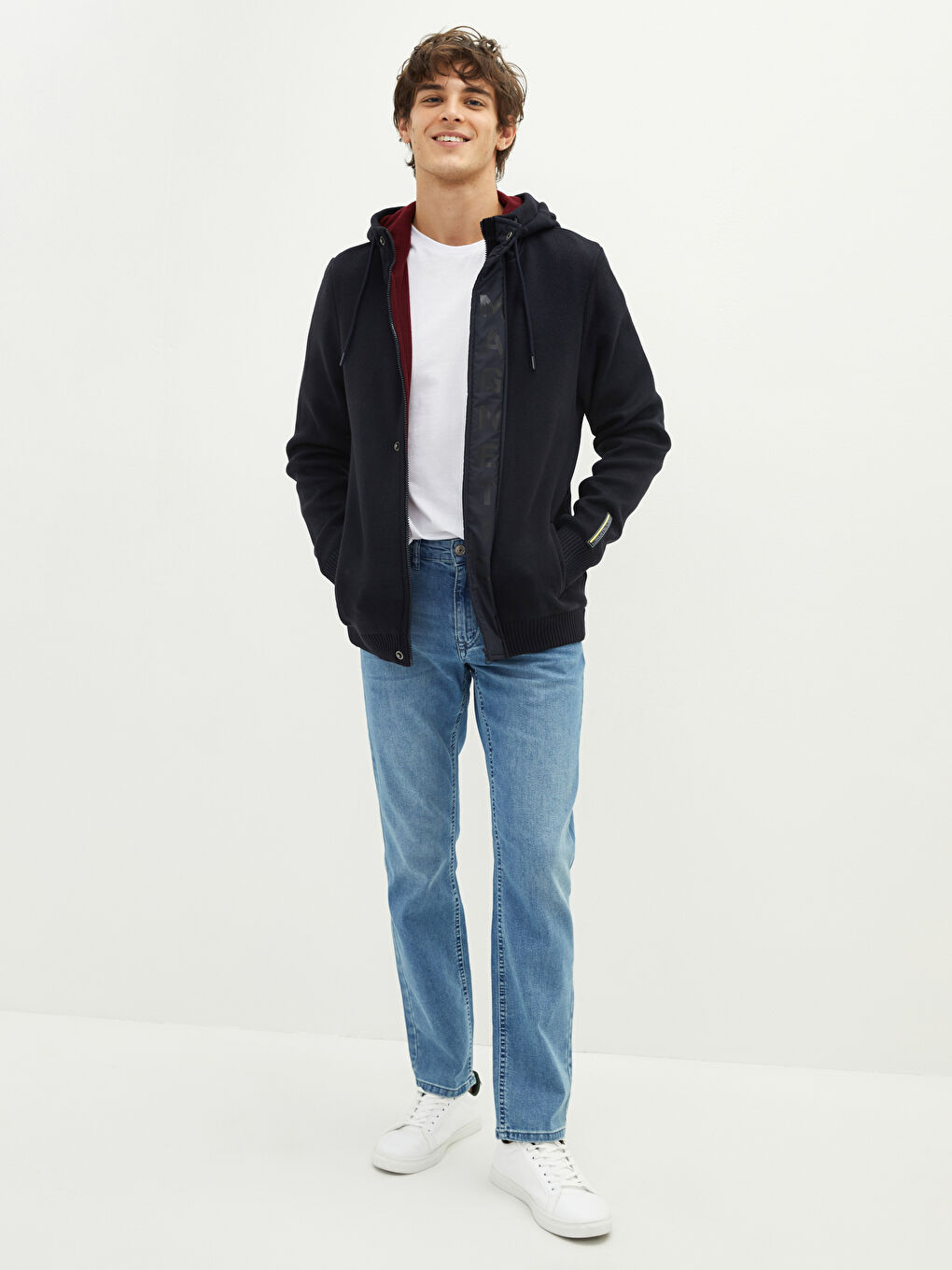 Lacivert Dar Kalıp Kapüşonlu Uzun Kollu Erkek Triko Hırka-3