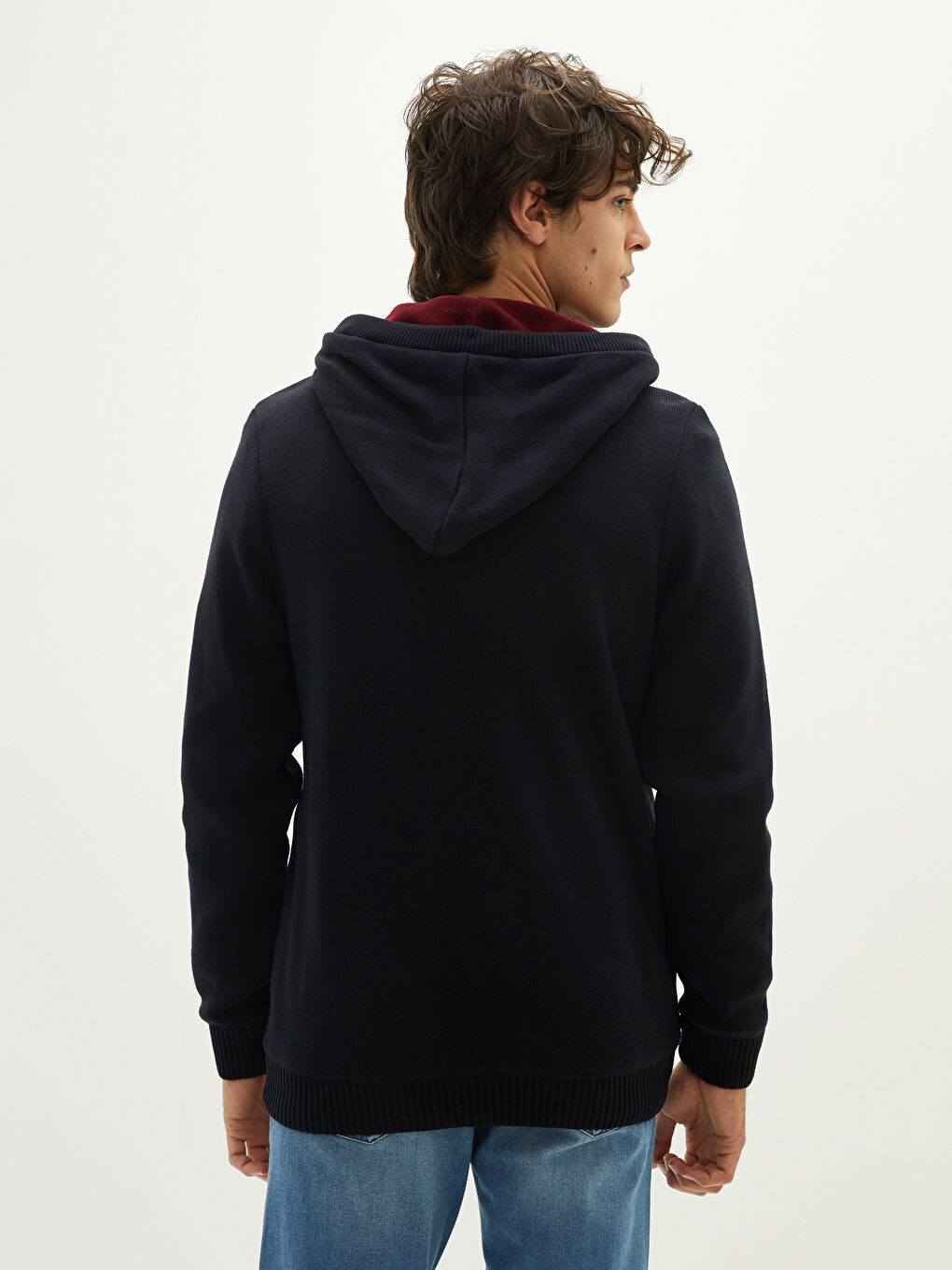 Lacivert Dar Kalıp Kapüşonlu Uzun Kollu Erkek Triko Hırka-5