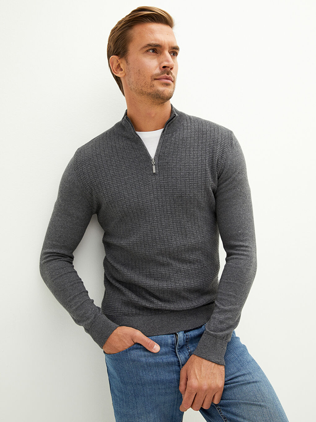 Gri Fermuarlı Dik Yaka Uzun Kollu Erkek Triko Kazak