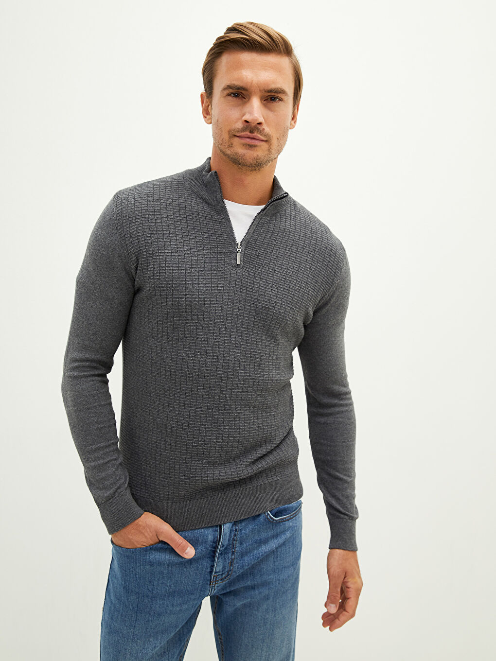 Gri Fermuarlı Dik Yaka Uzun Kollu Erkek Triko Kazak-1
