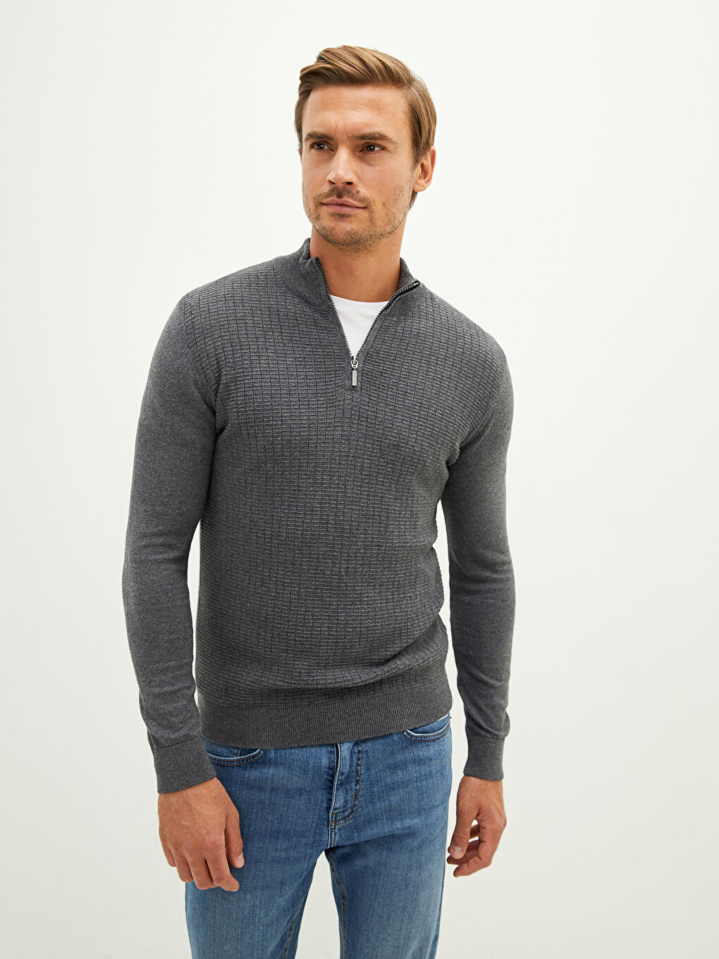 Gri Fermuarlı Dik Yaka Uzun Kollu Erkek Triko Kazak-3