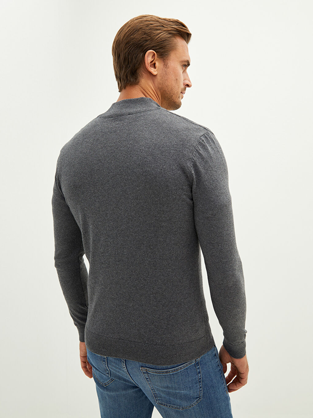 Gri Fermuarlı Dik Yaka Uzun Kollu Erkek Triko Kazak-5