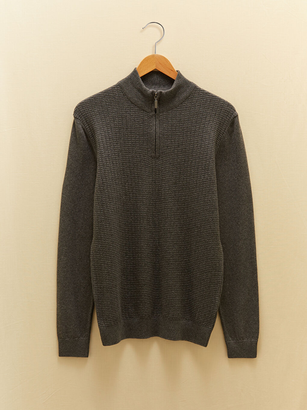 Gri Fermuarlı Dik Yaka Uzun Kollu Erkek Triko Kazak-7