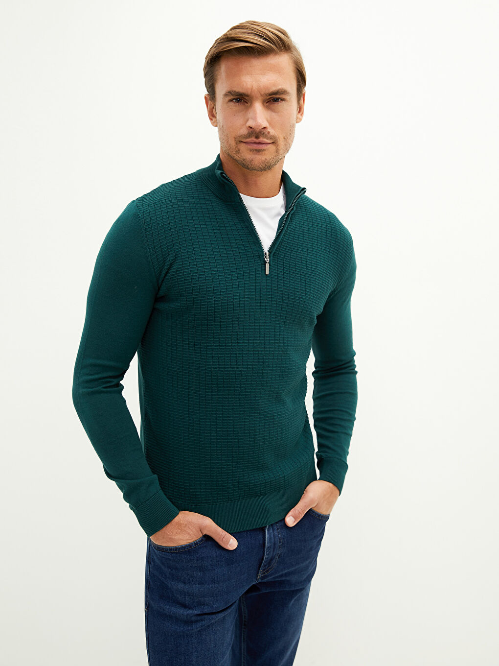 Zippered Turtle Neck Long Sleeve Men's Tricot Sweater