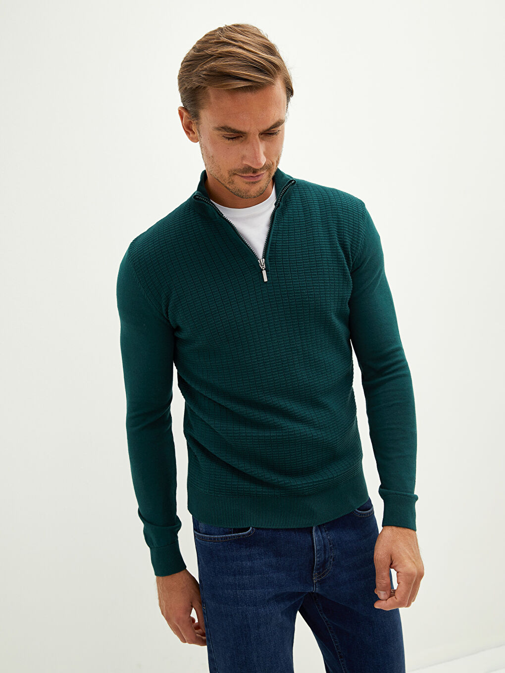 Zippered Turtle Neck Long Sleeve Men's Tricot Sweater-1