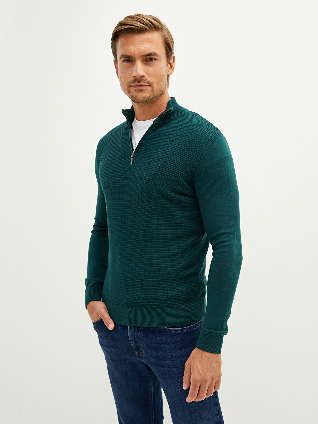 Zippered Turtle Neck Long Sleeve Men's Tricot Sweater-2