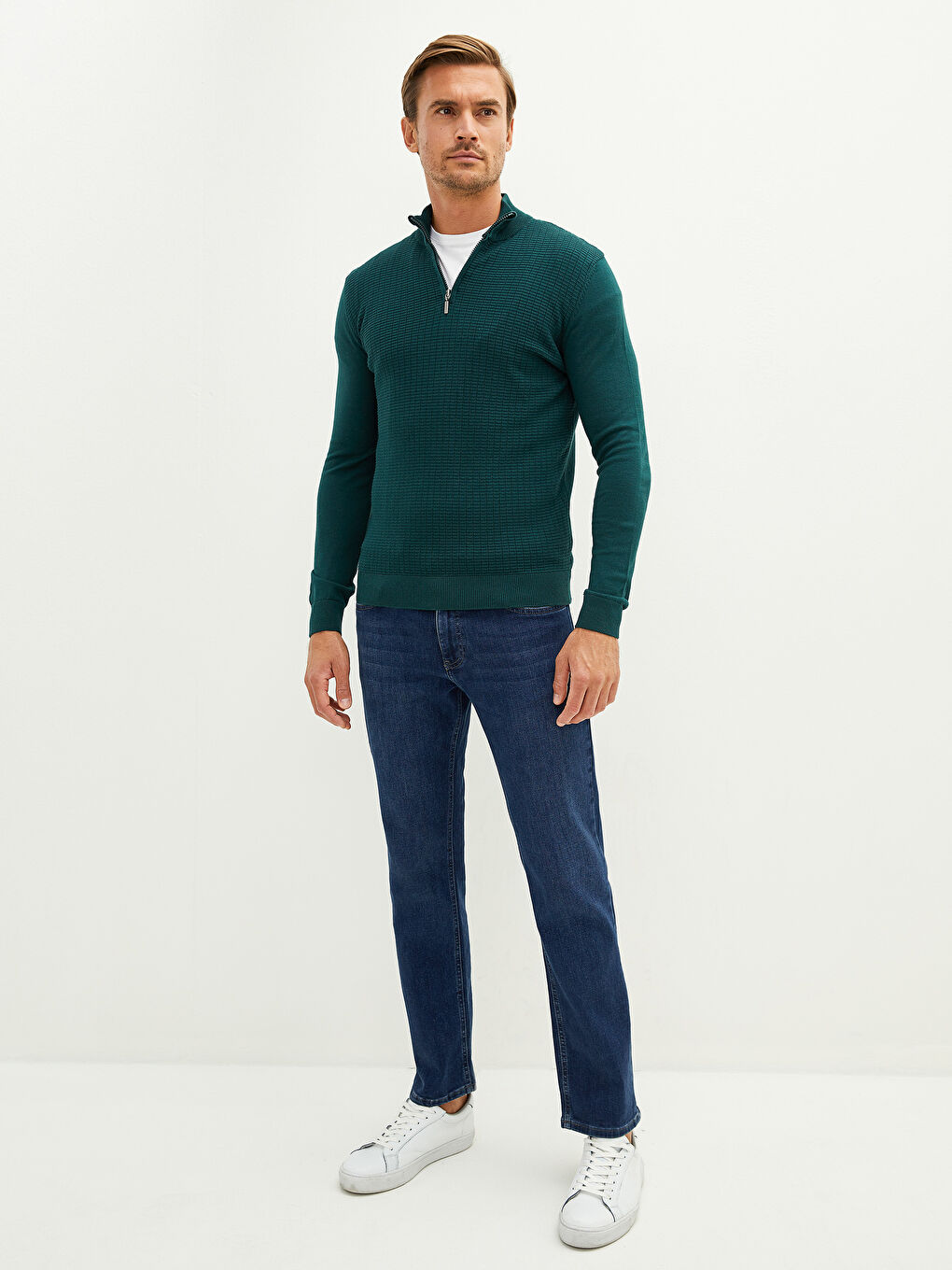 Zippered Turtle Neck Long Sleeve Men's Tricot Sweater-4