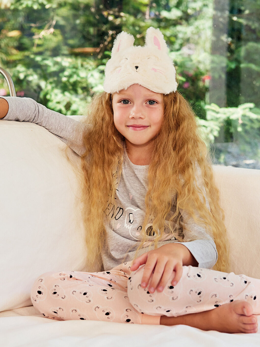 Gri Bisiklet Yaka Baskılı Uzun Kollu Kız Çocuk Pijama Takımı