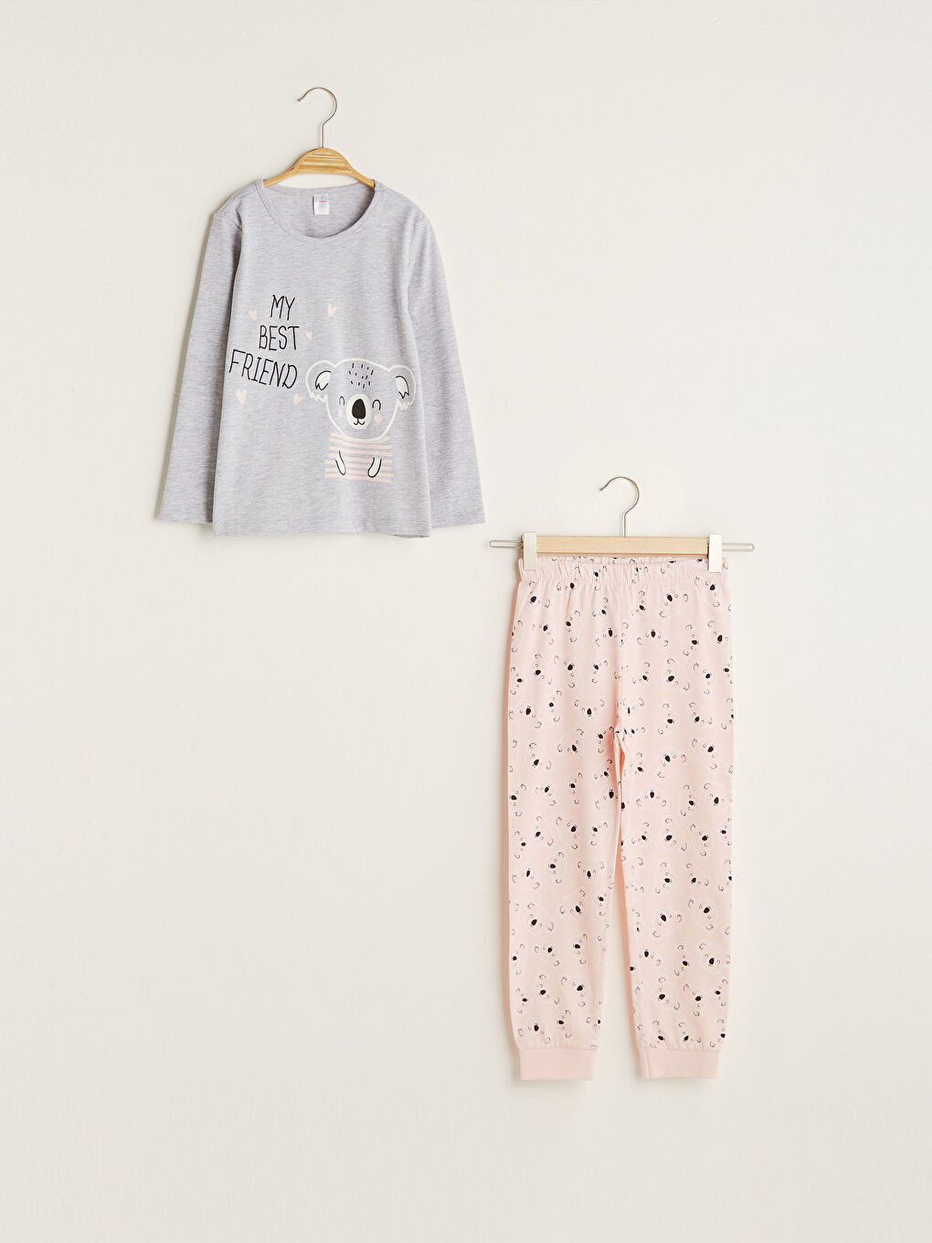 Gri Bisiklet Yaka Baskılı Uzun Kollu Kız Çocuk Pijama Takımı-3