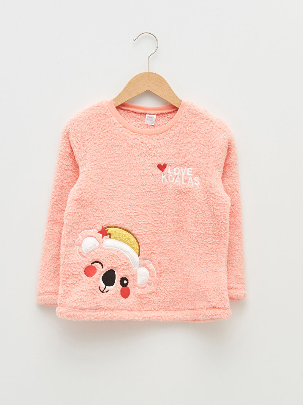 Mercan Bisiklet Yaka Nakışlı Uzun Kollu Pelüş Kız Çocuk Pijama Takımı-1