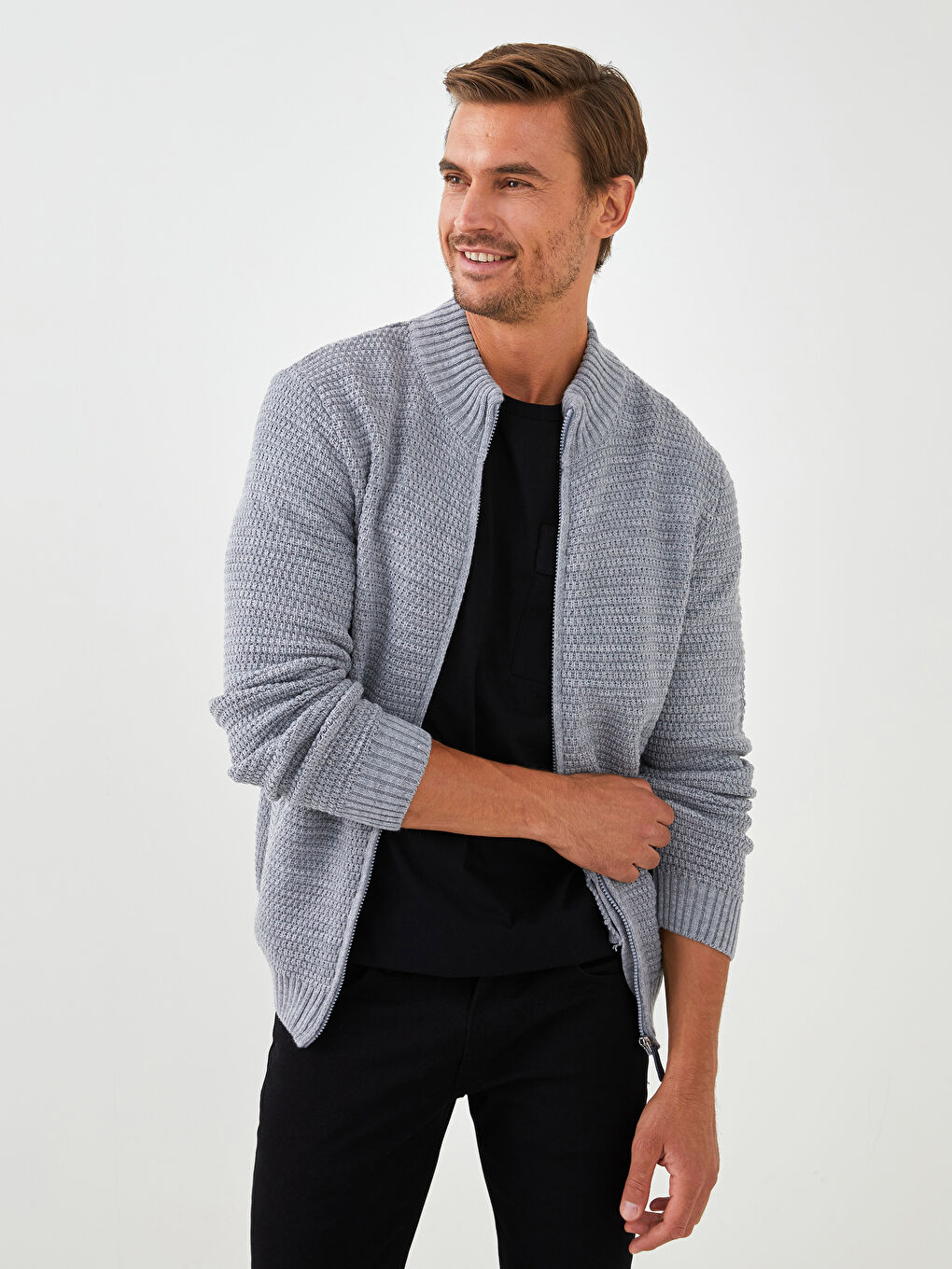 Cardigan en Tricot à Manches Longues avec Col Roulé pour Hommes de Coupe Standard