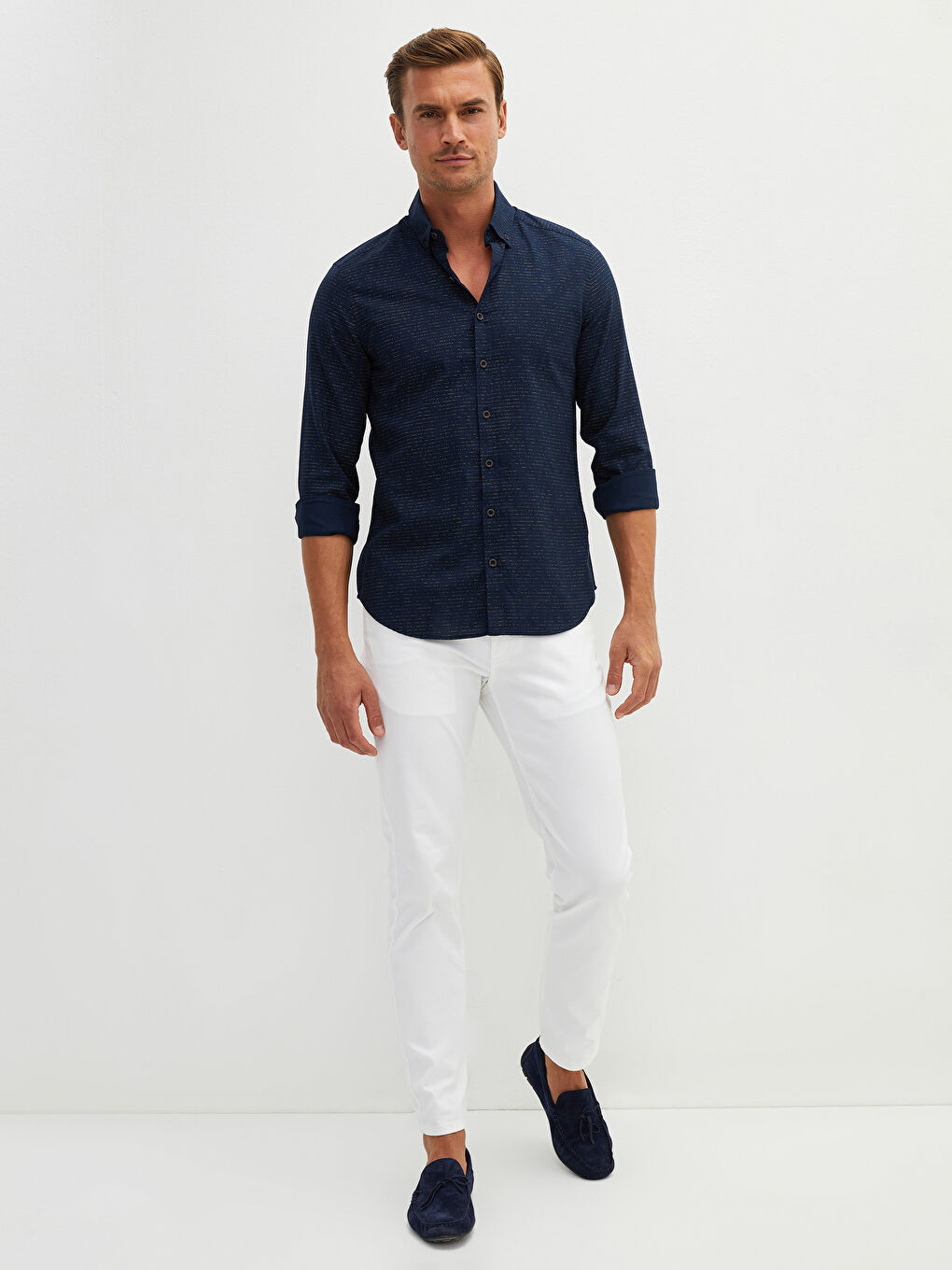 ерлерге арналған тар пішім ұзын жең өрнекті жейде-1