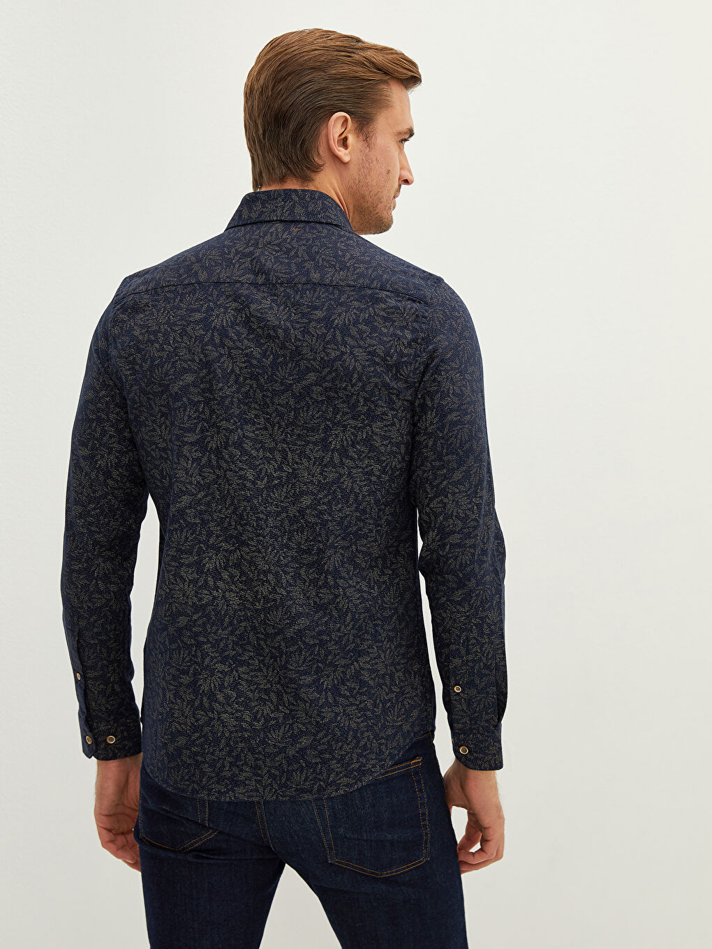 ерлерге арналған өрнекті ұзын жеңді тар пішімді саржа жейде-4