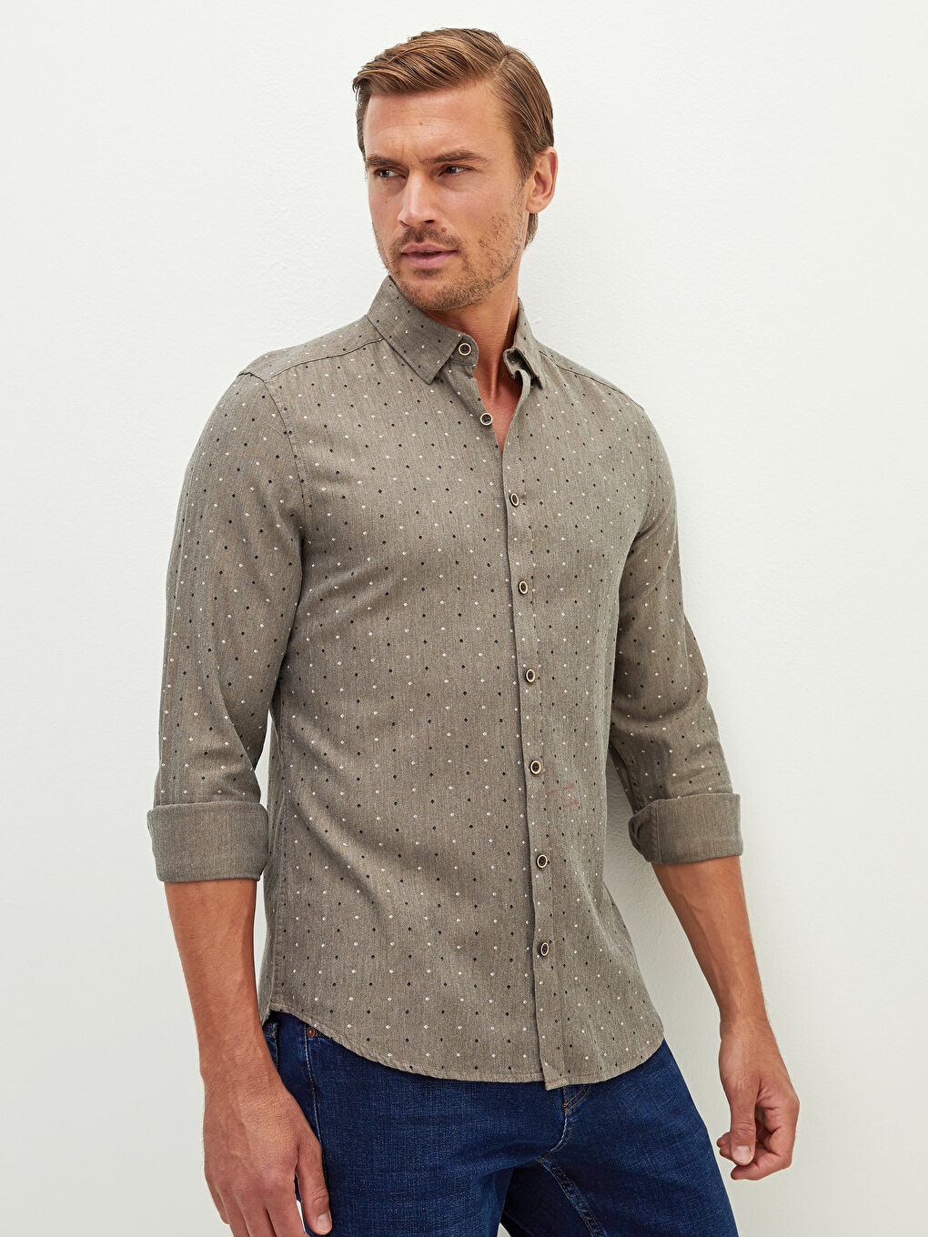 Bej Slim Fit Uzun Kollu Desenli Erkek Gömlek-1
