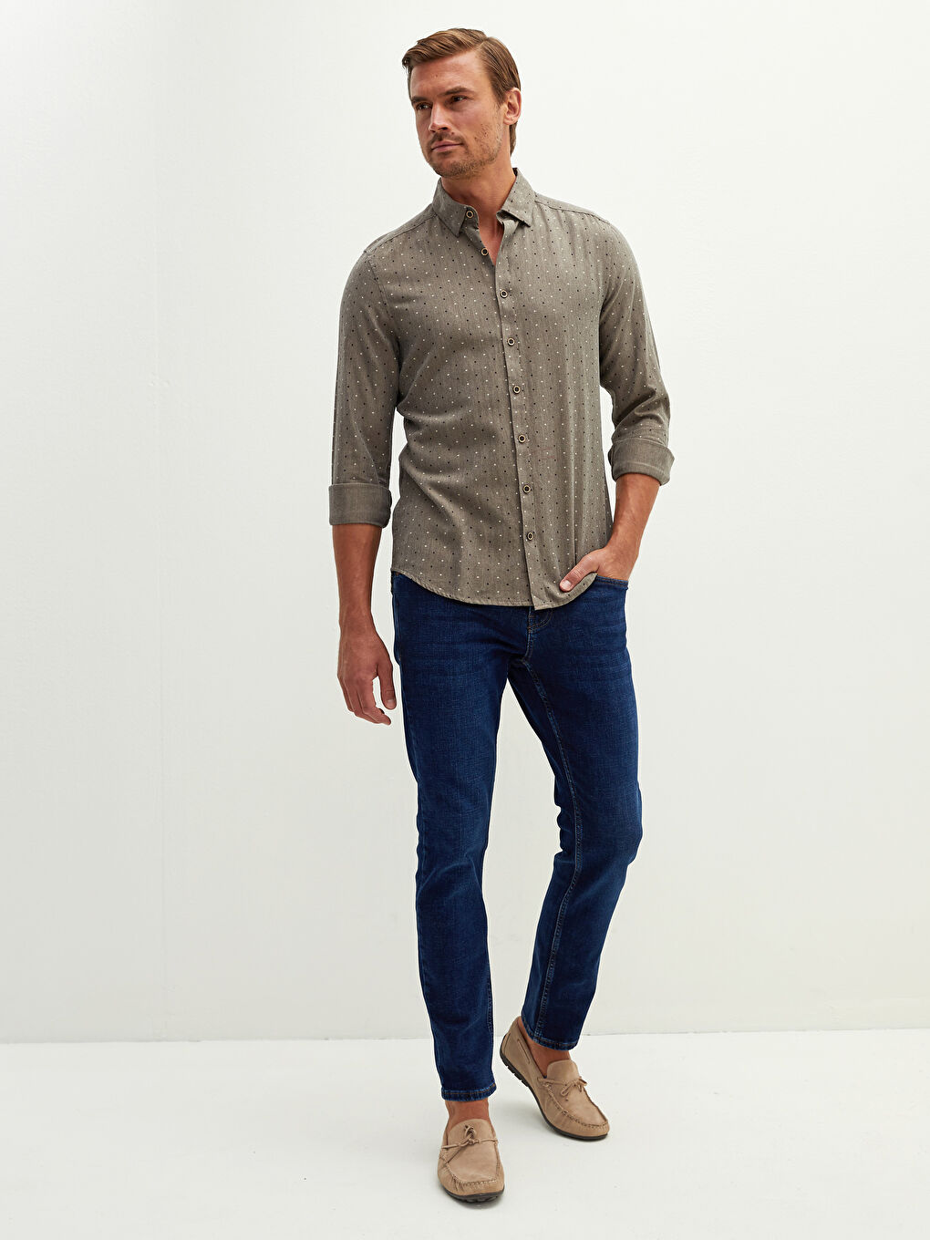 Bej Slim Fit Uzun Kollu Desenli Erkek Gömlek-3