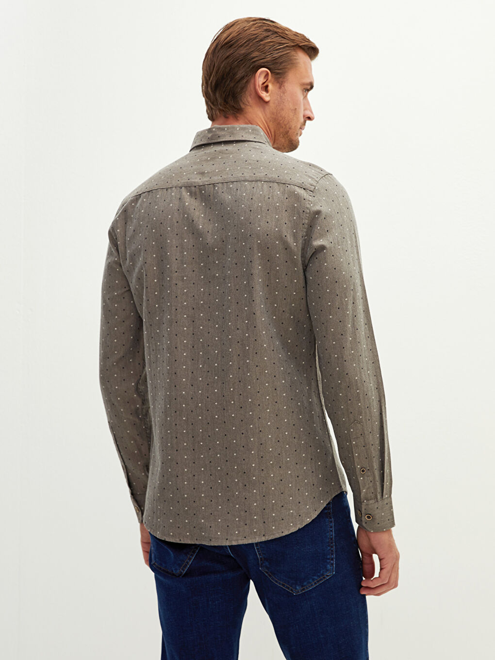 Bej Slim Fit Uzun Kollu Desenli Erkek Gömlek-5