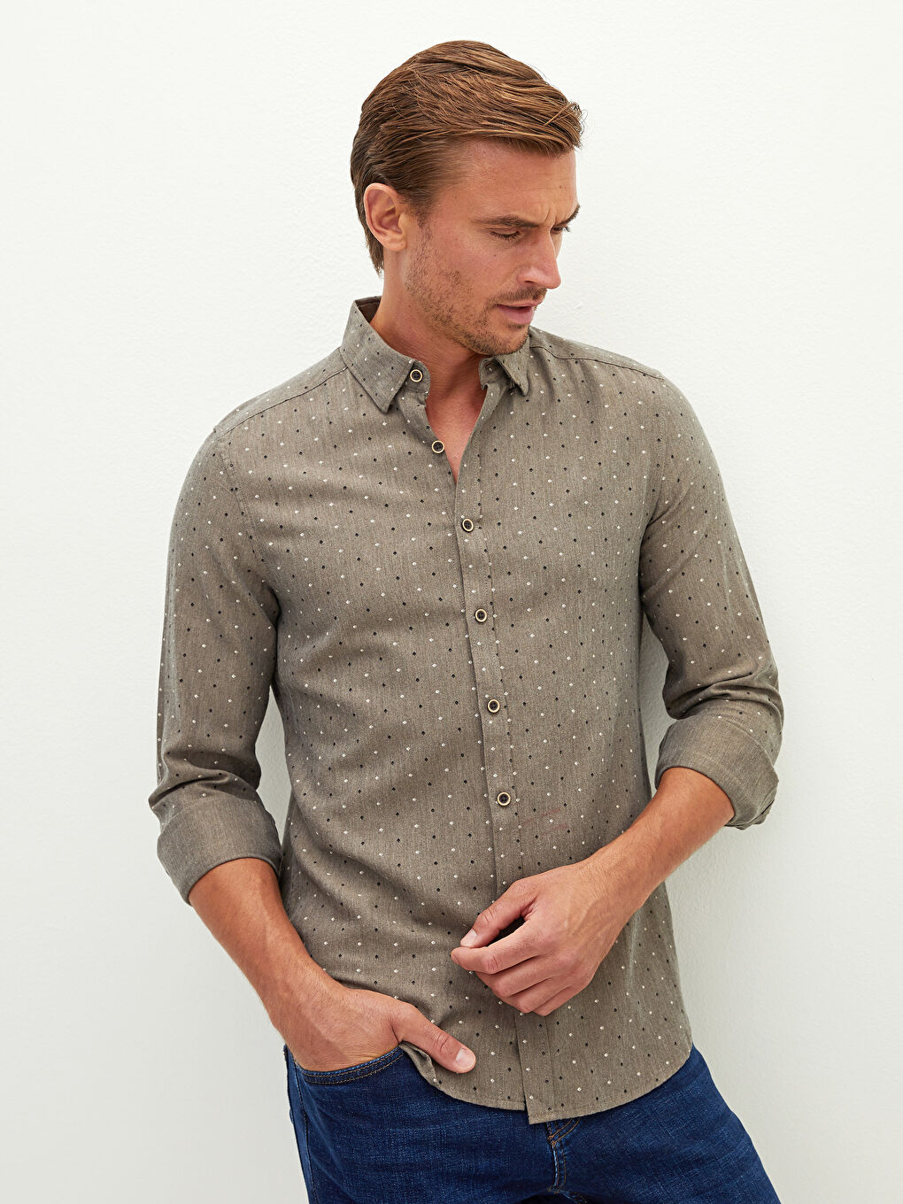 Bej Slim Fit Uzun Kollu Desenli Erkek Gömlek