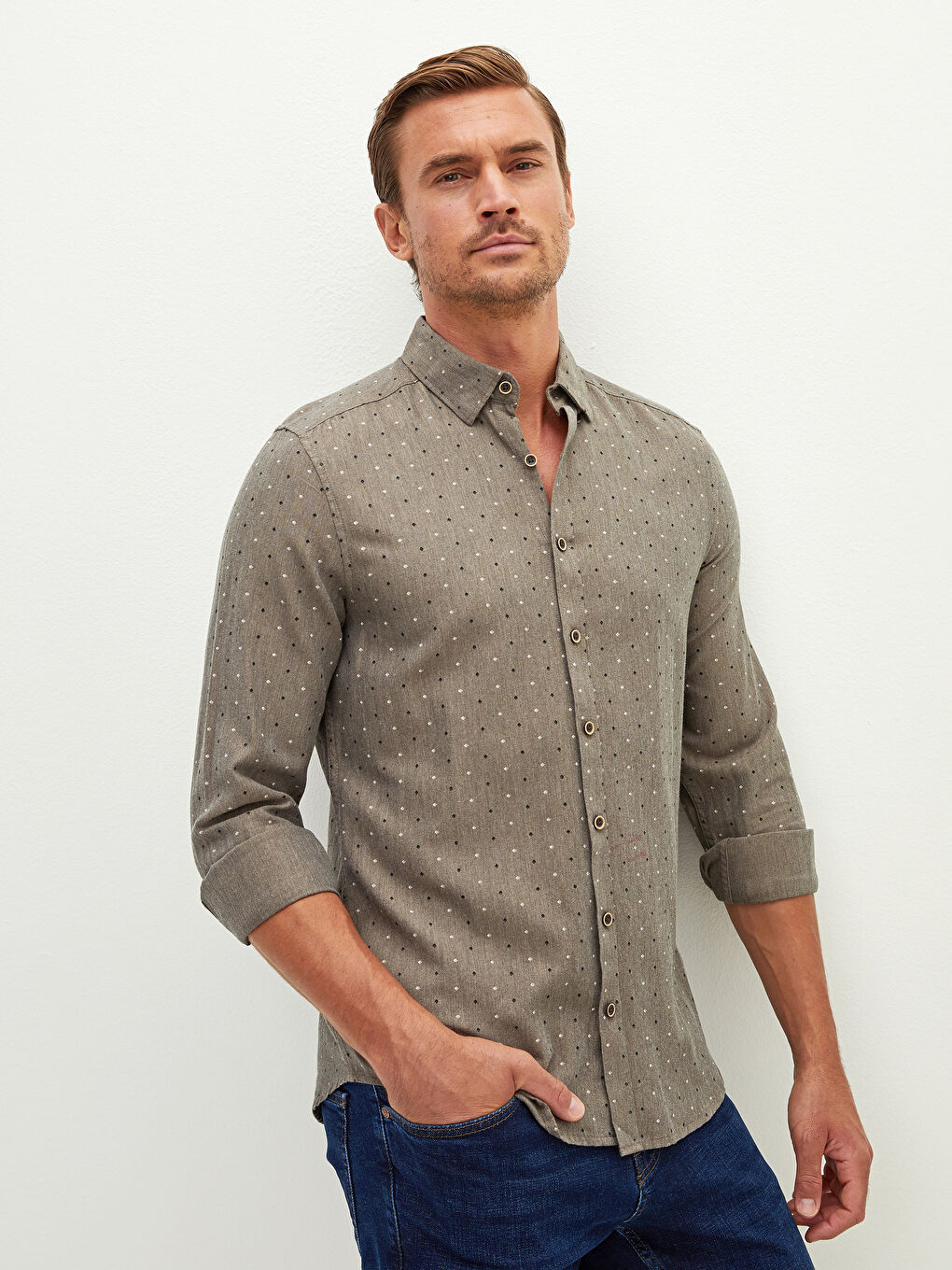 Bej Slim Fit Uzun Kollu Desenli Erkek Gömlek-2