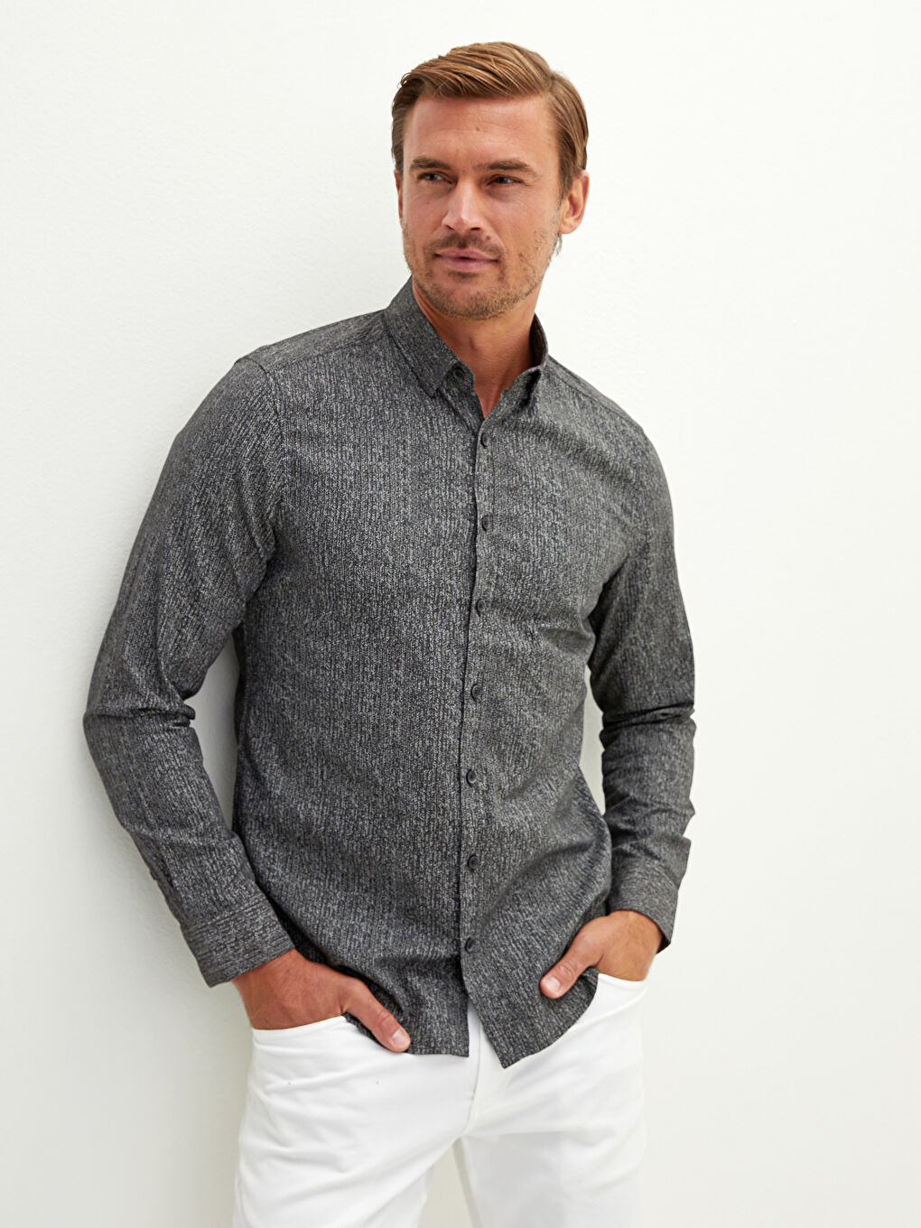 Slim Fit Long Sleeve Patterned Men's Shirt-1