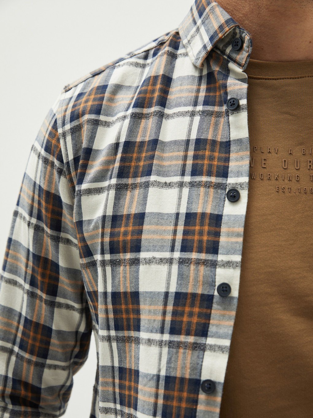 Ekru Slim Fit Gabardin Ekose Erkek Gömlek-3