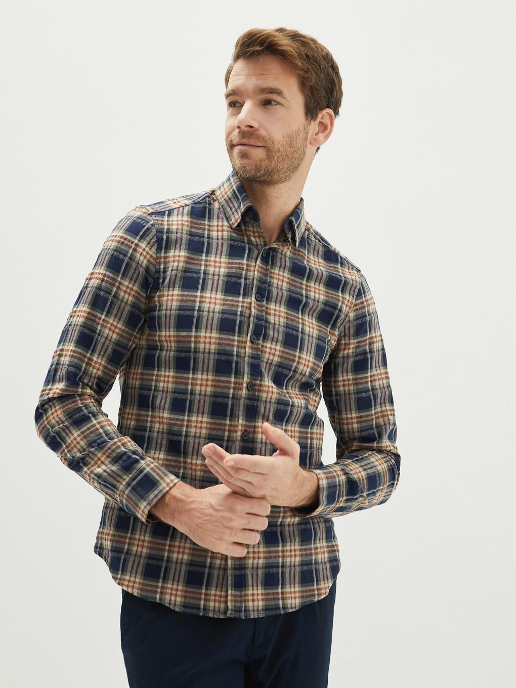 Haki Slim Fit Gabardin Ekose Erkek Gömlek-1