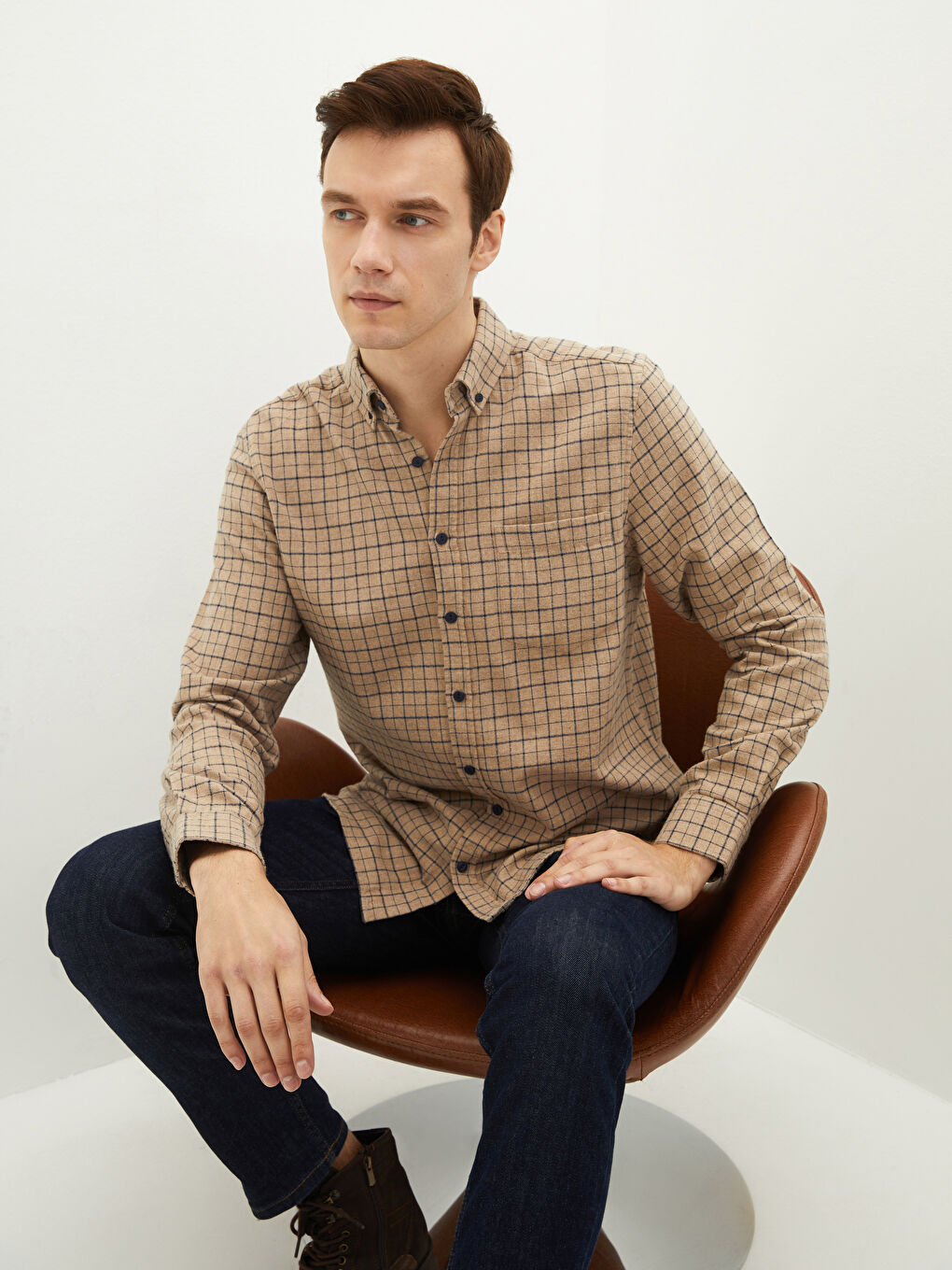 Regular Fit Long Sleeve Plaid Men's Shirt