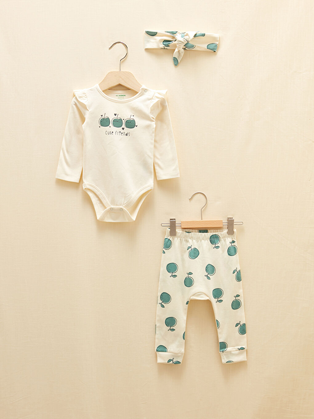 Crew Neck Long Sleeve Printed Baby Girl's Snap Fastener Body Pants and Hair Band 3-Piece Set