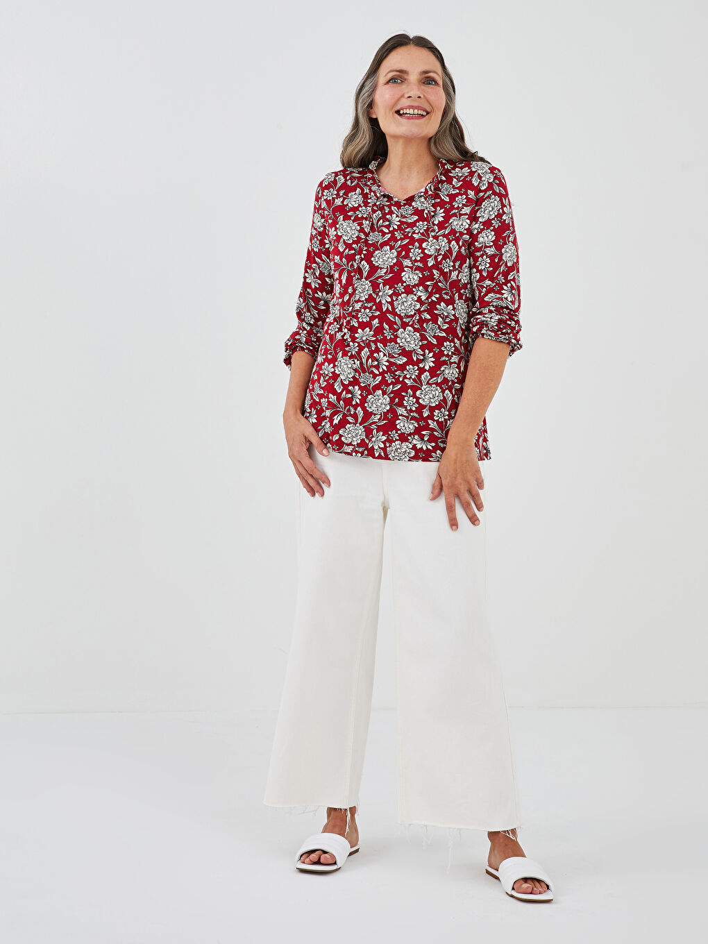 Tie Collar Floral Print Long Sleeve Women Blouse-3