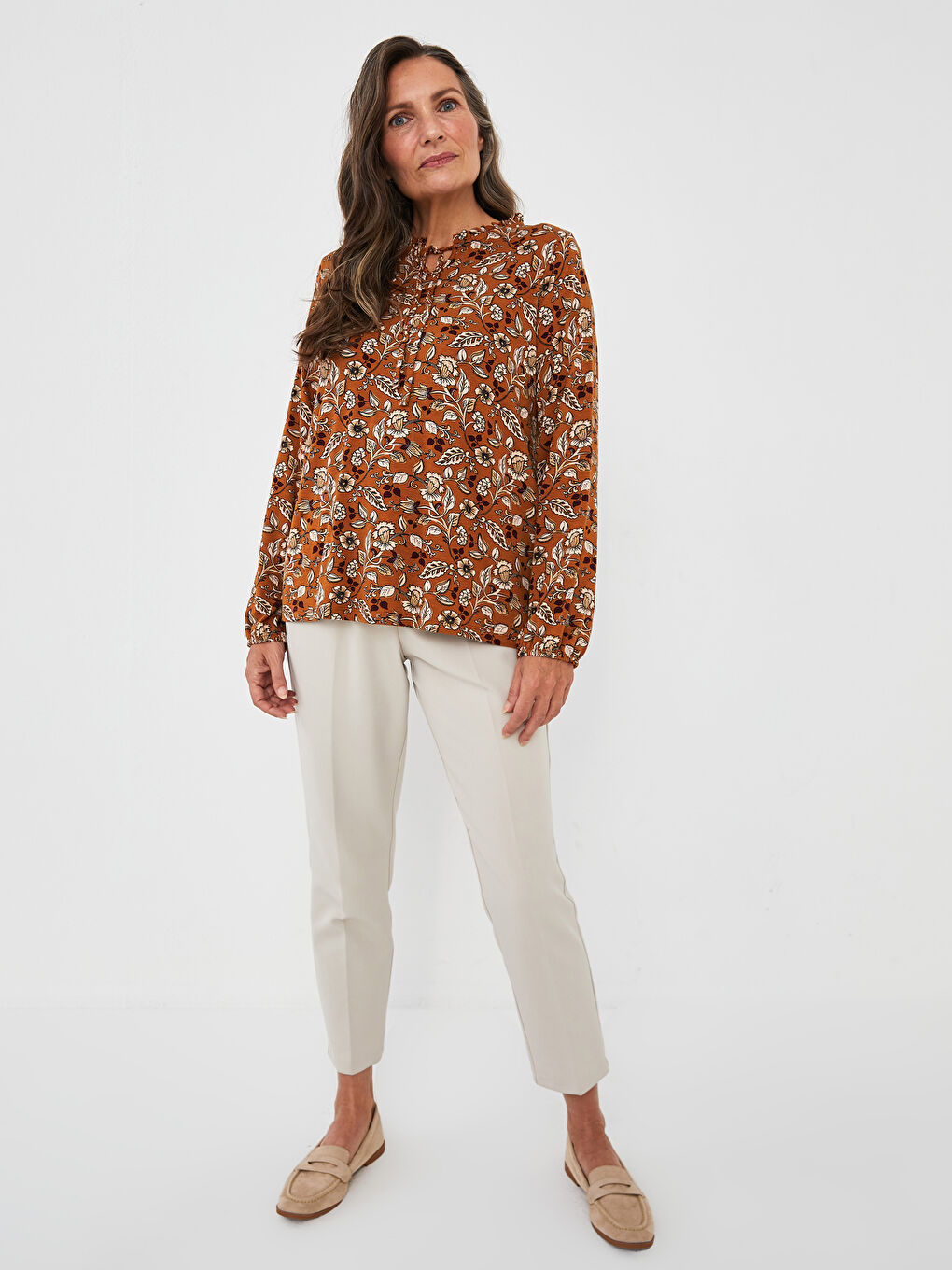 Sarı Bağlamalı Yaka Desenli Uzun Kollu Kadın Bluz-2