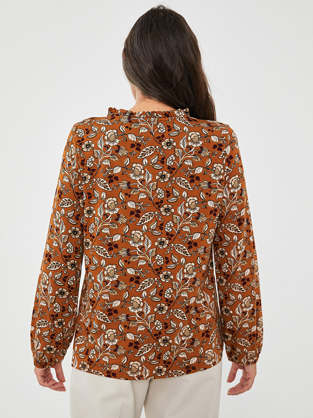 Sarı Bağlamalı Yaka Desenli Uzun Kollu Kadın Bluz-4